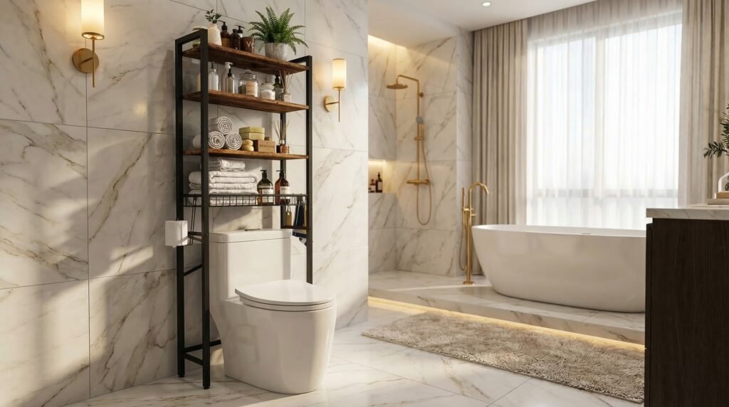 an over the toilet storage rack inside a luxurious delpmaspu