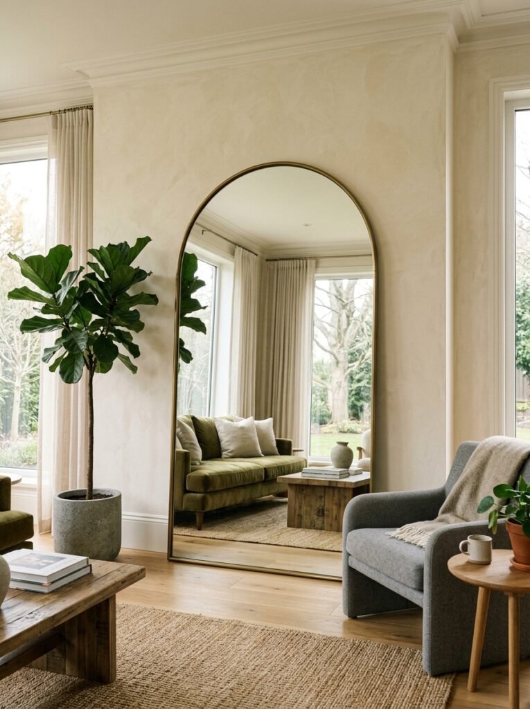 arched mirror in living room 