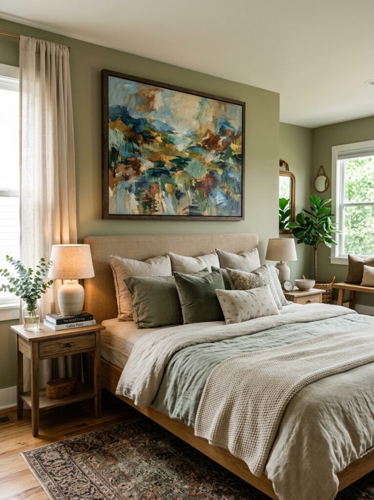 framed artwork hanging above bed 