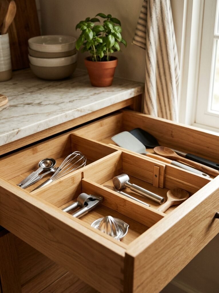 bamboo drawer dividers inside kitchen drawer