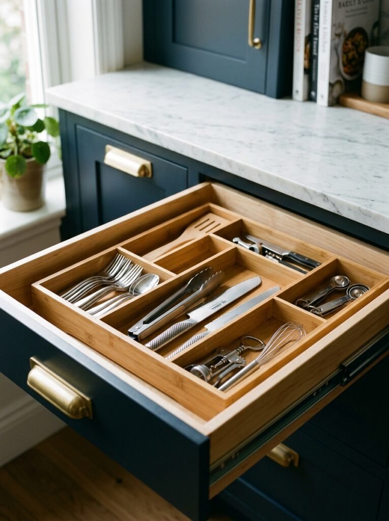 bamboo drawer organizer inside kitchen drawer
