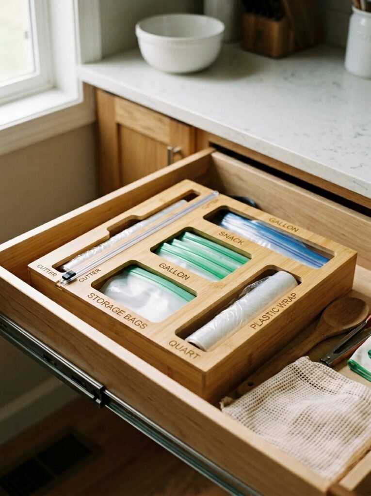 food storage bag dispenser inside kitchen drawer