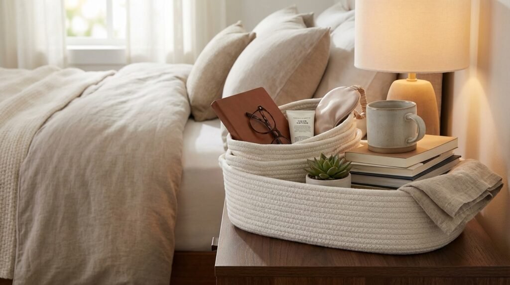 17 Amazing Bedroom Organization Ideas You Never Thought Of baskets on nightstand with items 90b2d66975