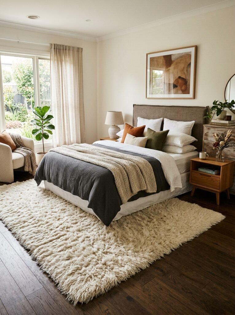 bedroom with chunky fur rug 