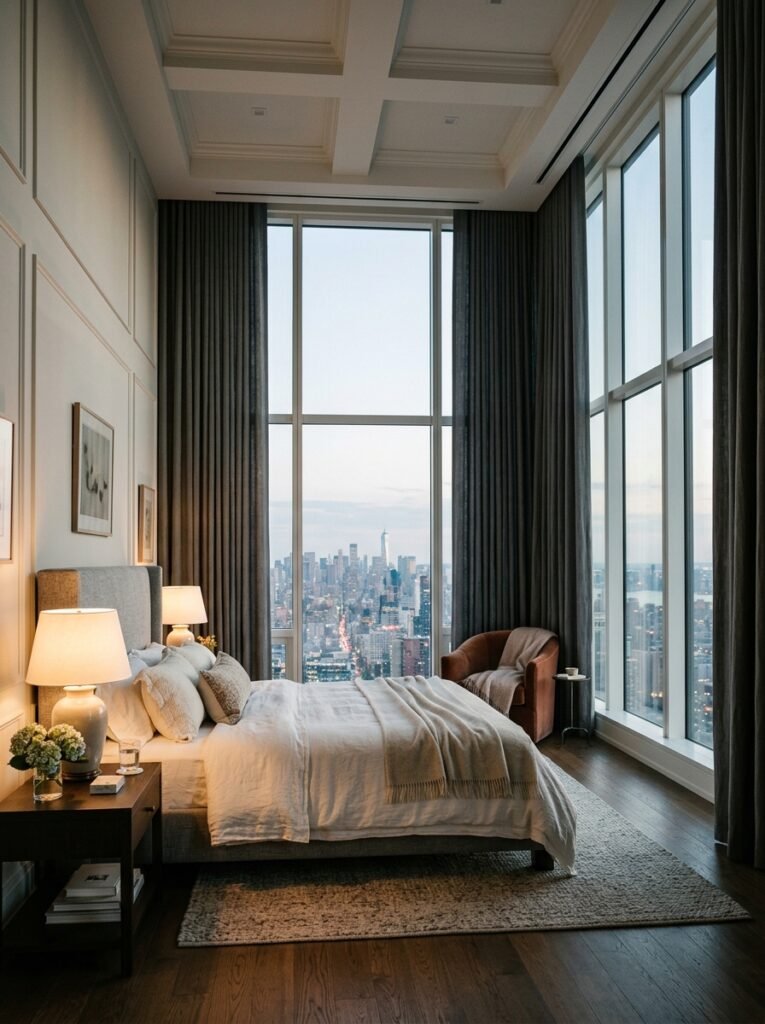 bedroom with high curtains
