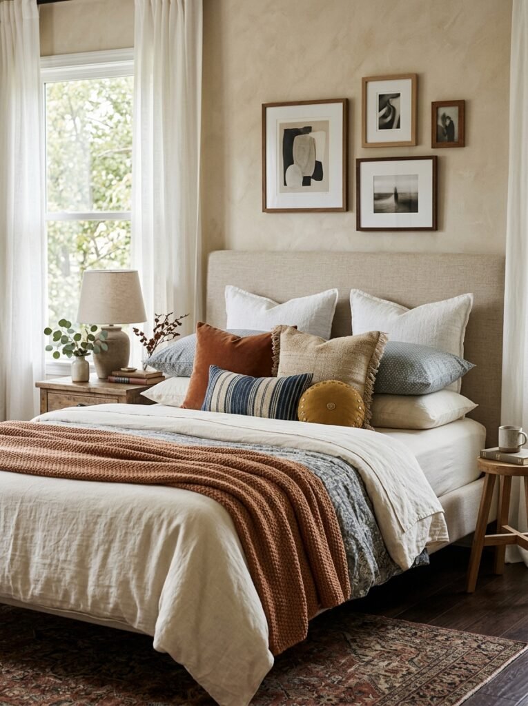 bedroom with layered pillows 