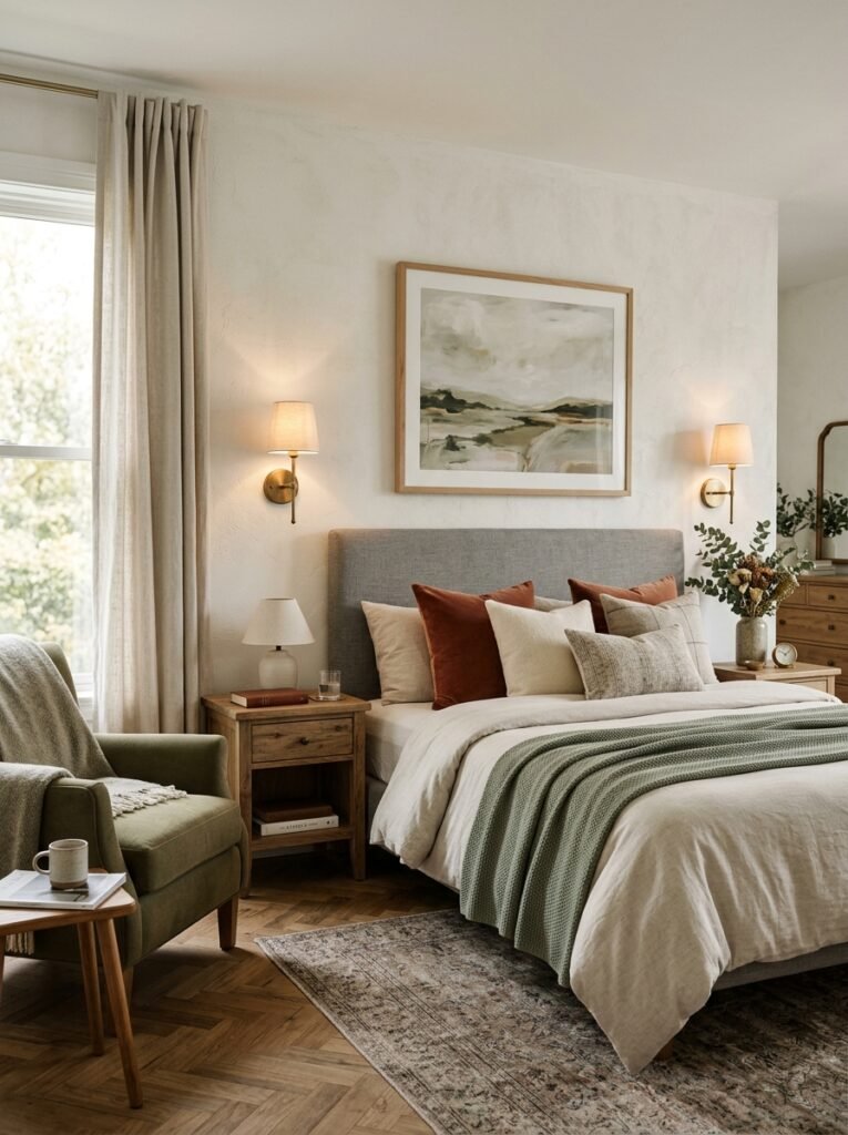 bedroom with wall sconces 