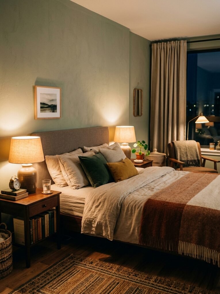 bedroom with warm lighting 