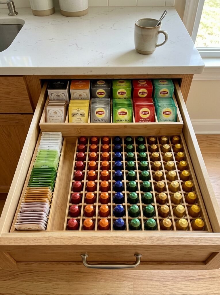 Dedicated kitchen drawer with an organizer holding sorted tea bags and coffee pods.