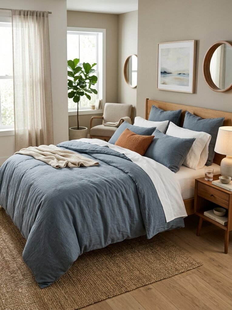 bedroom with blue gray duvet cover
