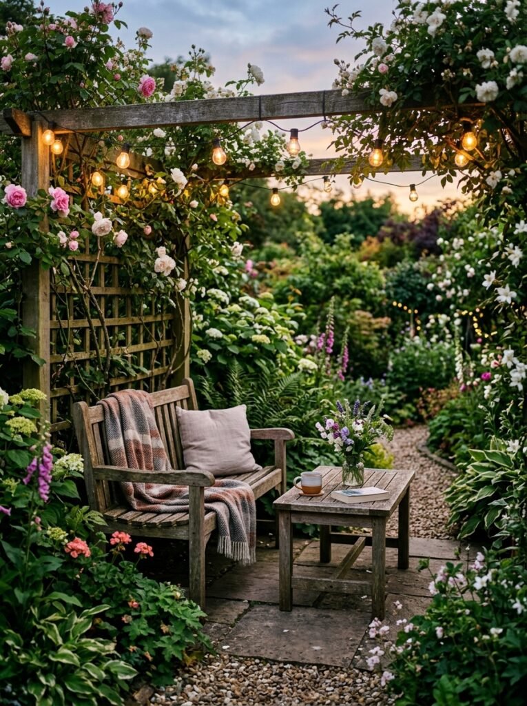 calming small garden with bench 202606132127