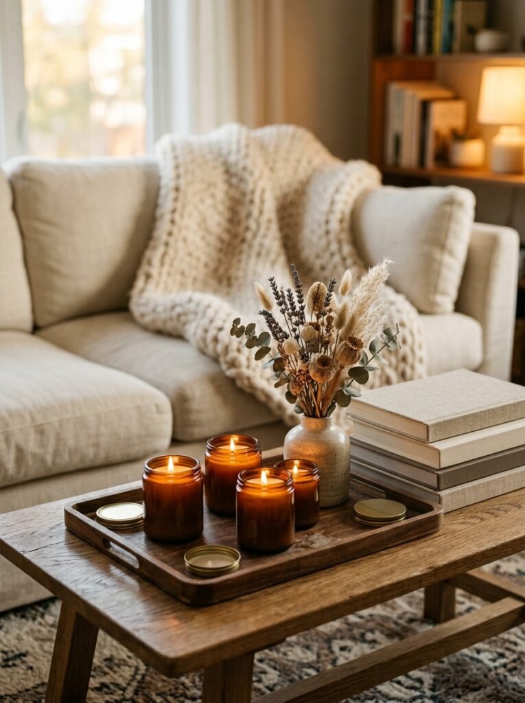 lit scented candles on a coffee table tray in a cozy living room