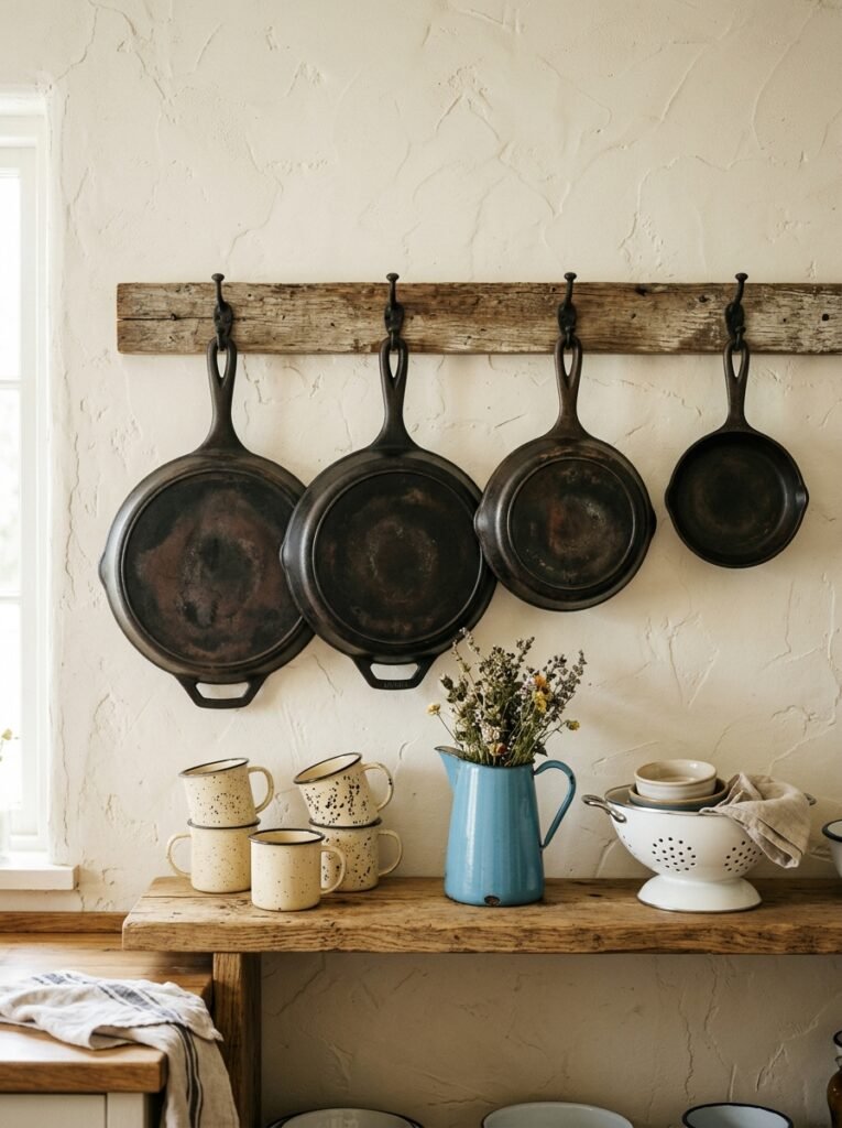 cast iron skillets and enamelware on a cottagecore kitchen wall