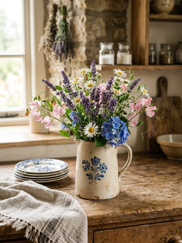 jug of fresh wildflowers on a cottagecore kitchen counter
