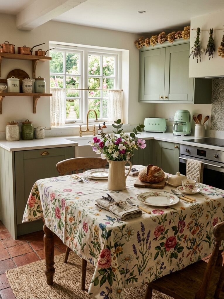 cottagecore kitchen with floral tablecloth