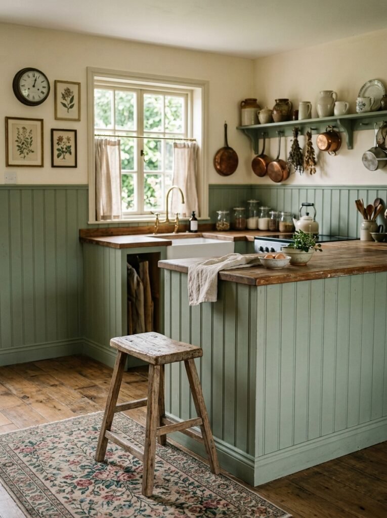 sage green beadboard in a cottagecore kitchen