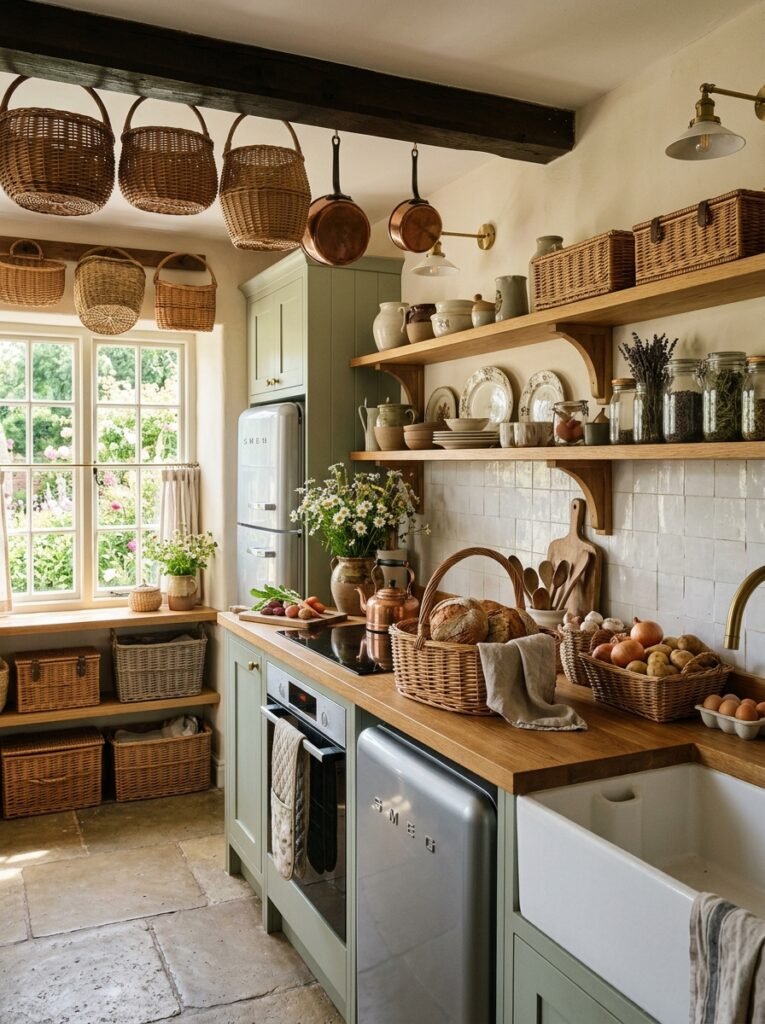cottagecore kitchen with woven baskets