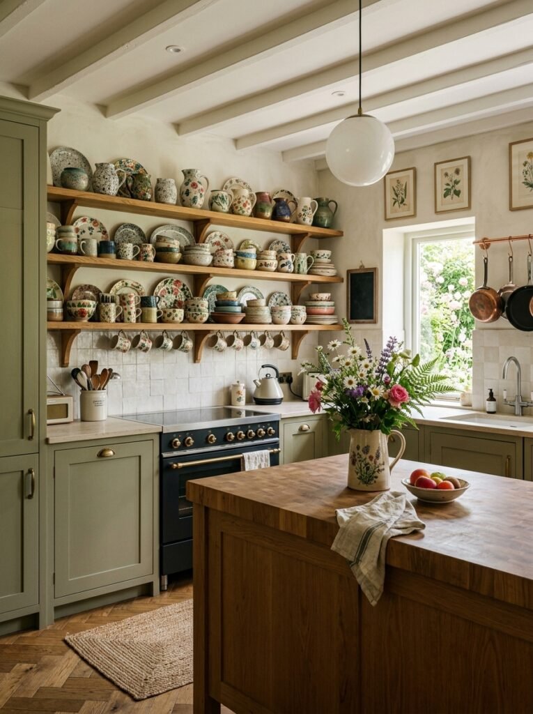 cottagecore kitchen with ceramic collection