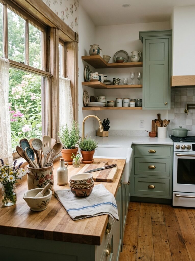 cottagecore kitchen with ceramic utensils