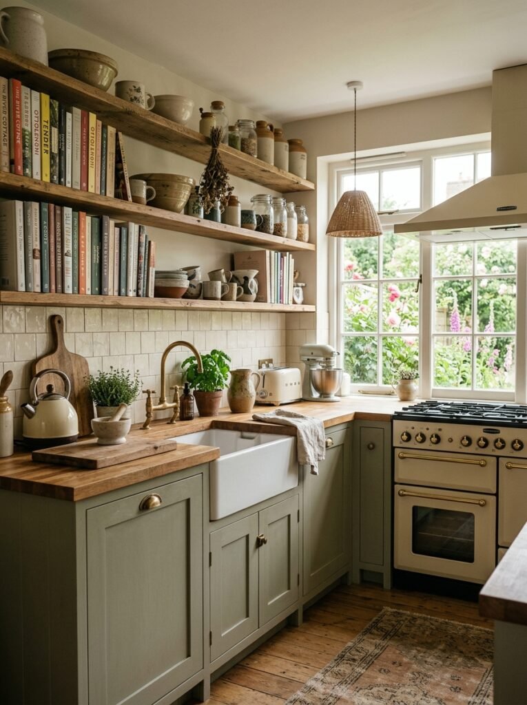 cottagecore kitchen with cookbooks 