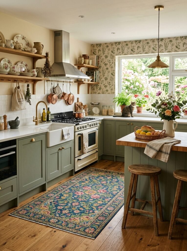 cottagecore kitchen with floral rug 