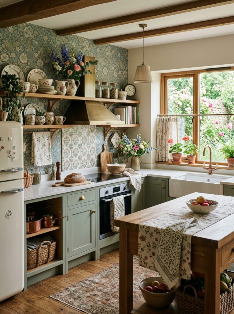 cottagecore kitchen with floral wallpapers