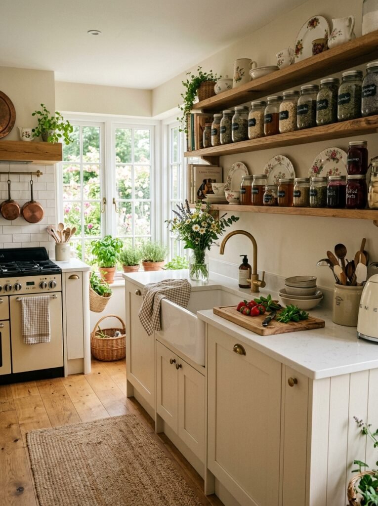cottagecore kitchen with mason jars 