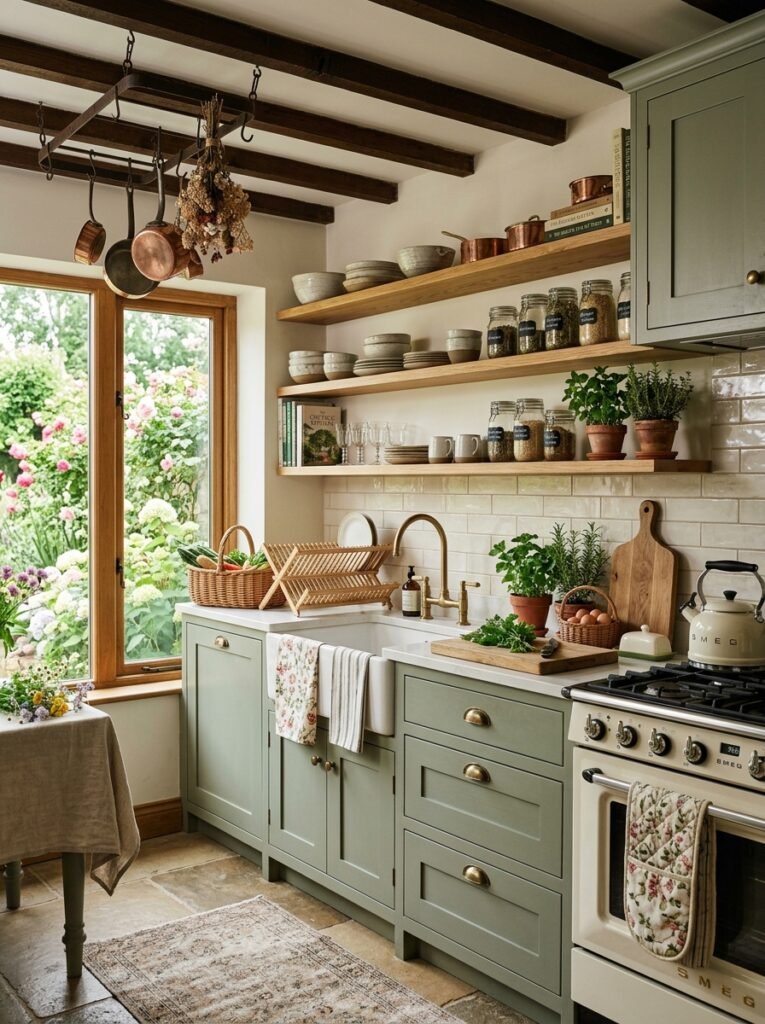 cottagecore kitchen with open sh… 