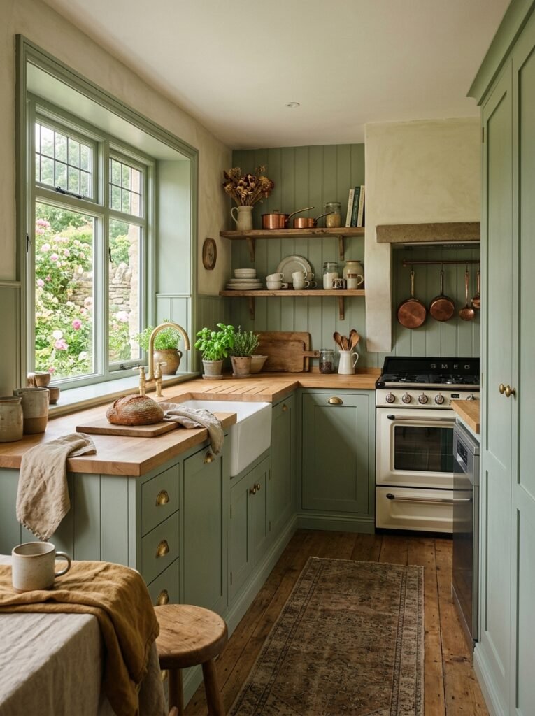 sage green cottagecore kitchen