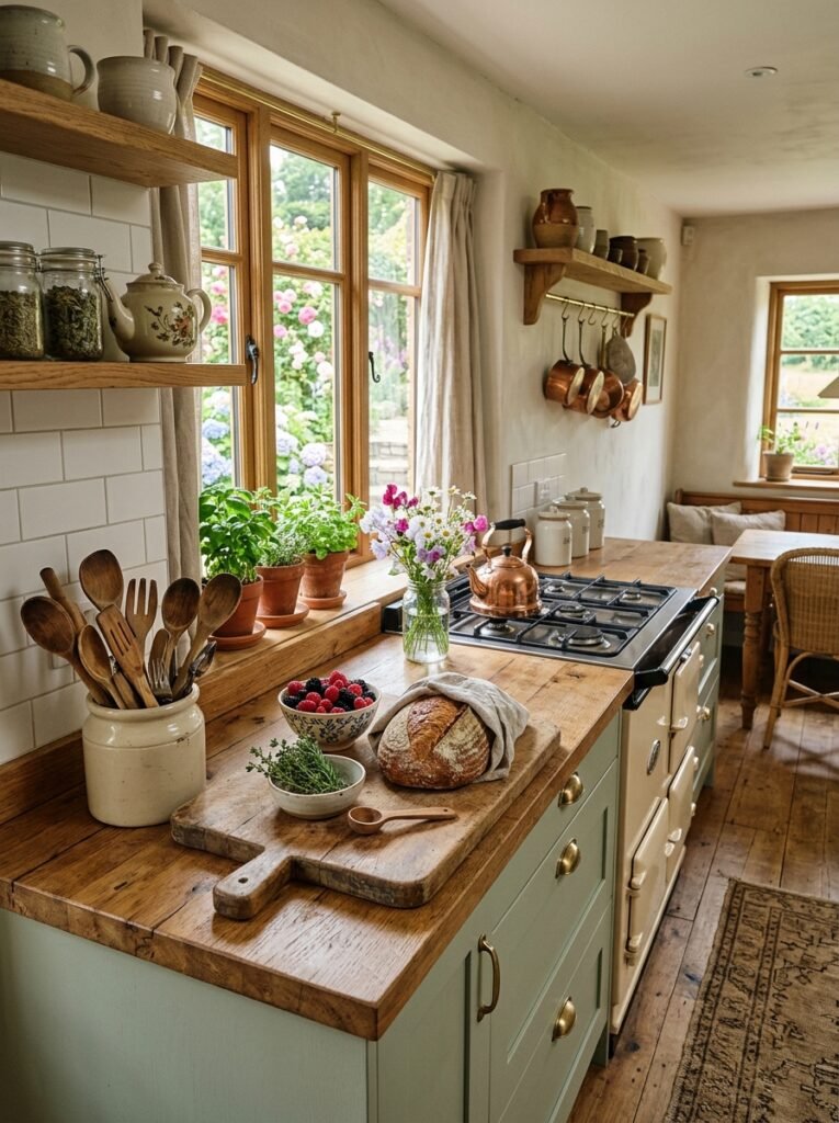 cottagecore kitchen with wooden utensils