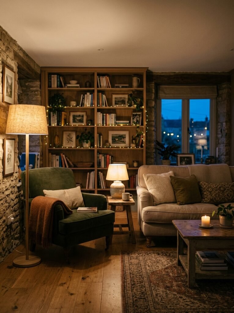 cozy living room with layered warm lighting from lamps and fairy lights