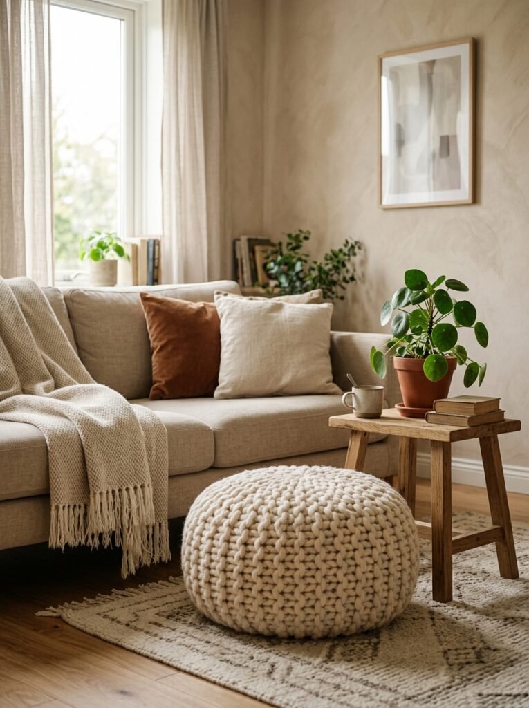 knitted pouf ottoman beside a sofa in a cozy living room