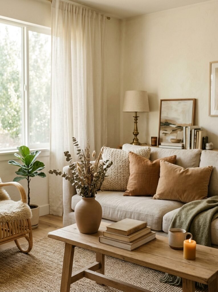 cozy living room with a warm neutral color palette of cream, beige and caramel