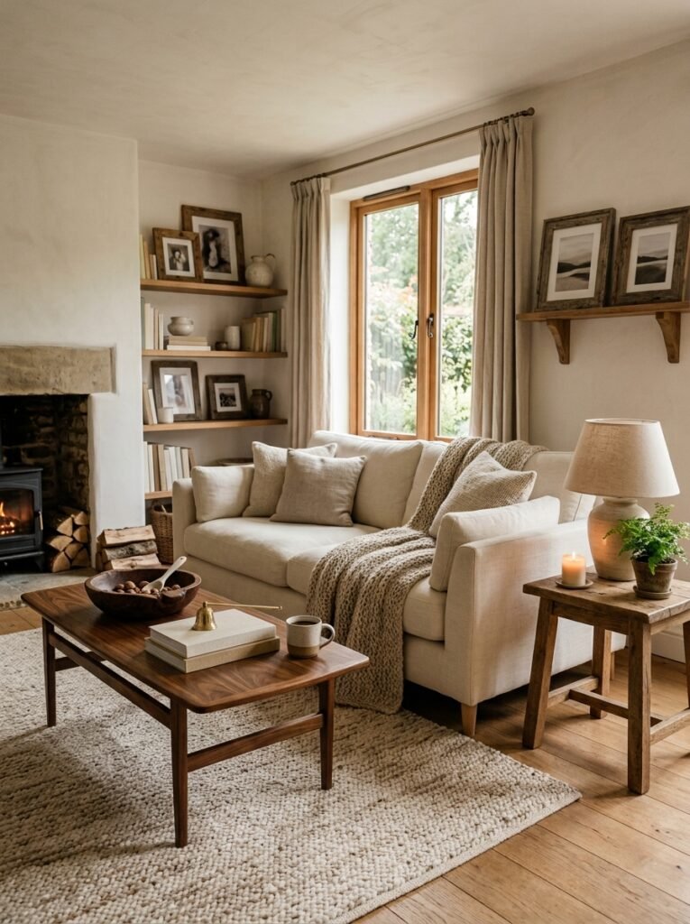 cozy living room with walnut and oak wood accents