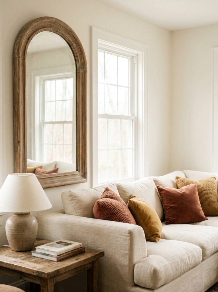large arched wood mirror beside a window in a cozy living rooms