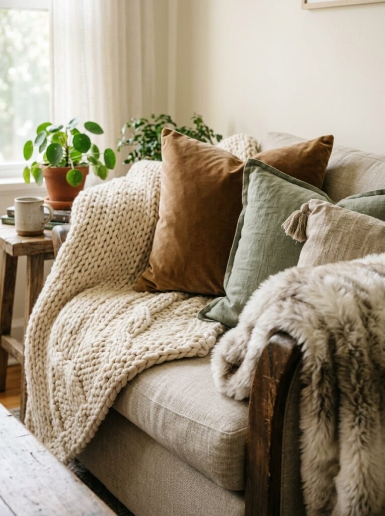 sofa layered with a chunky knit blanket, velvet pillows and a faux fur throw