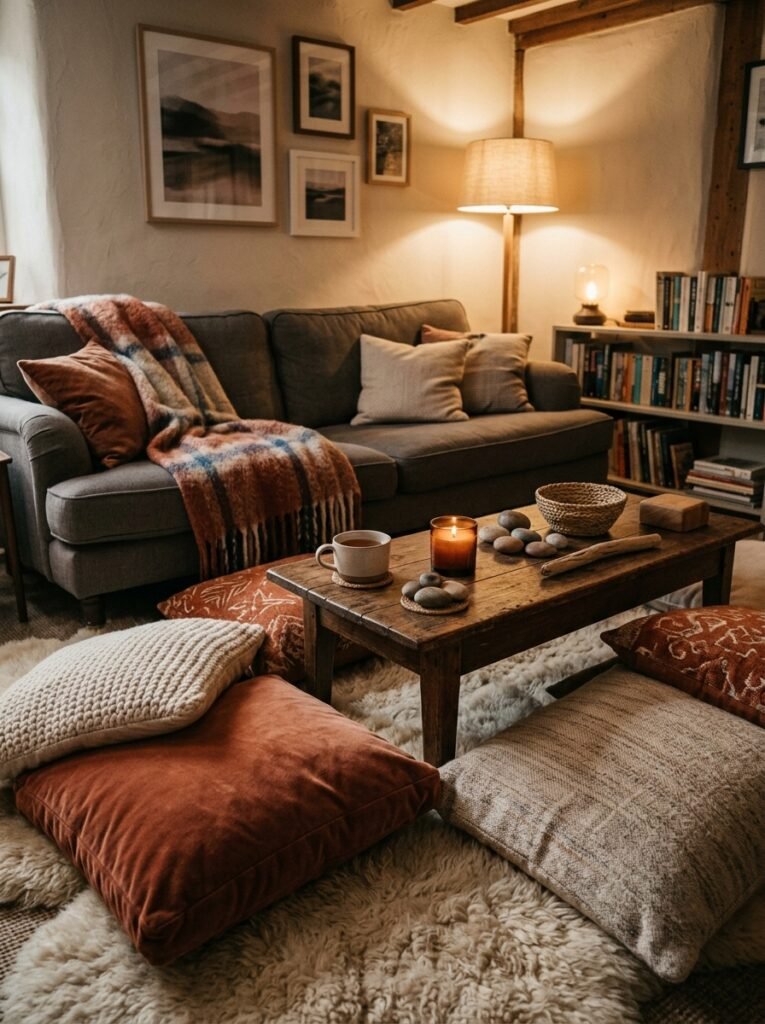large floor cushions around a coffee table in a cozy living room
