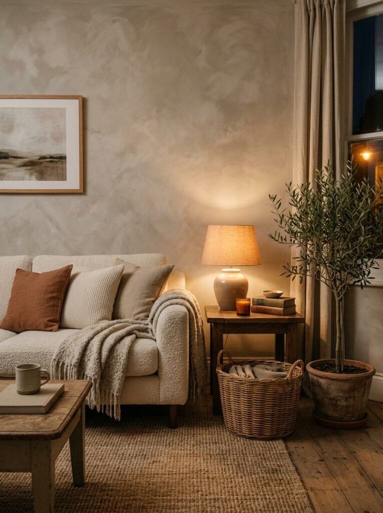 cozy living room with warm greige limewash walls