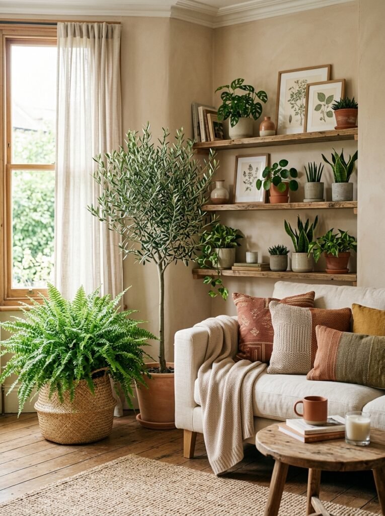 cozy living room filled with indoor plants and a Boston fern