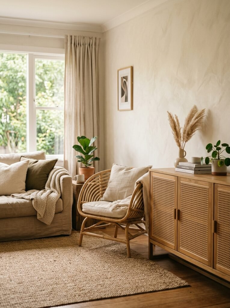 cozy living room with a rattan cabinet and woven accent chair