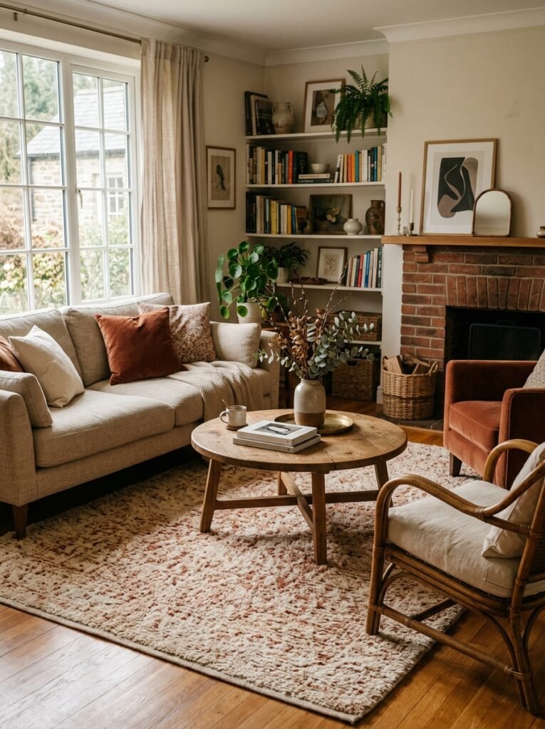 cozy living room anchored by a large plush area rug