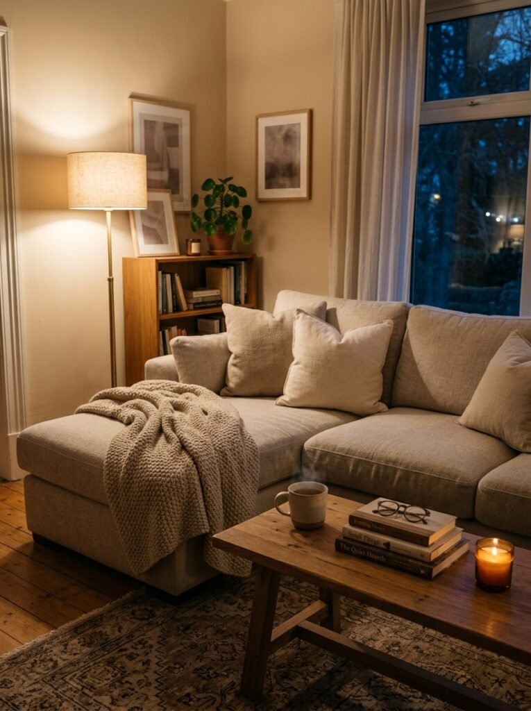 cozy living room with a deep oatmeal chenille sectional sofa