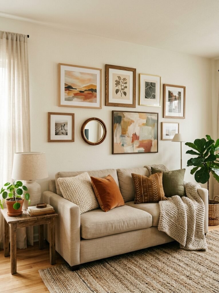 gallery wall of framed art above a sofa in a cozy living room