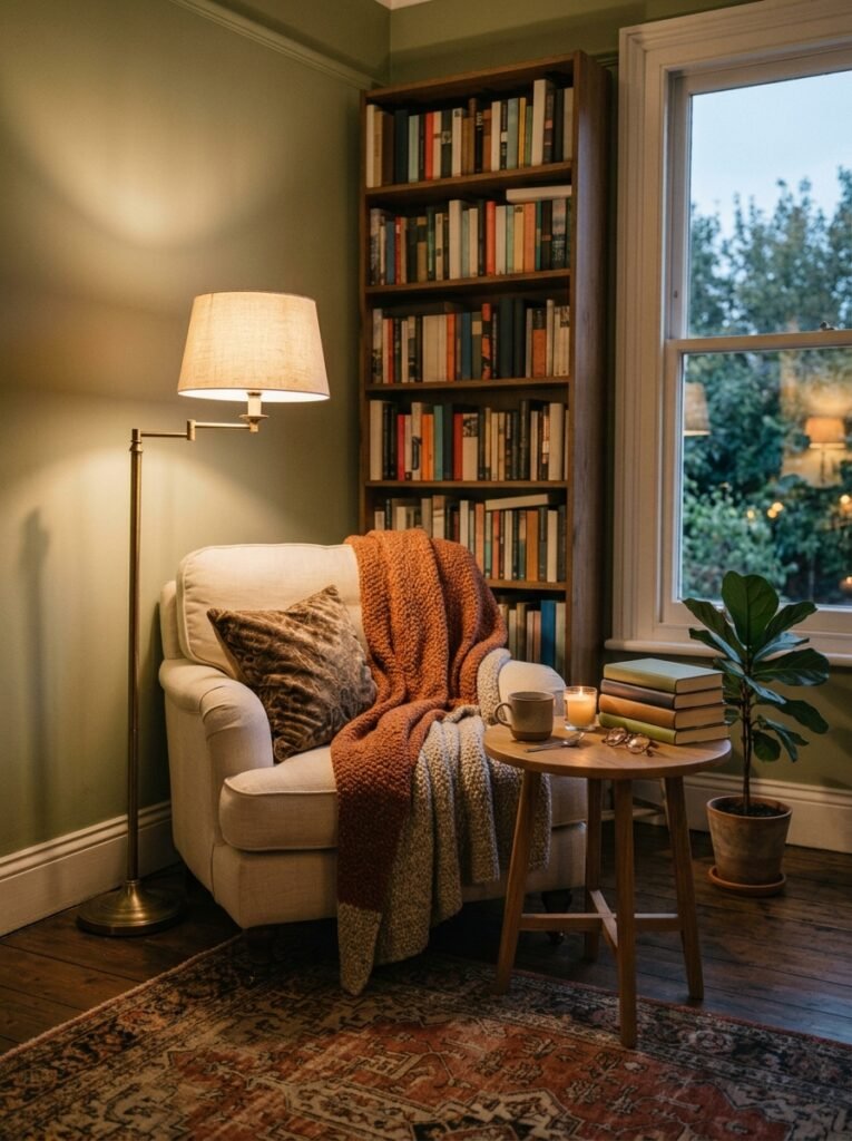 cozy reading nook with a linen armchair and floor lamp in a living room