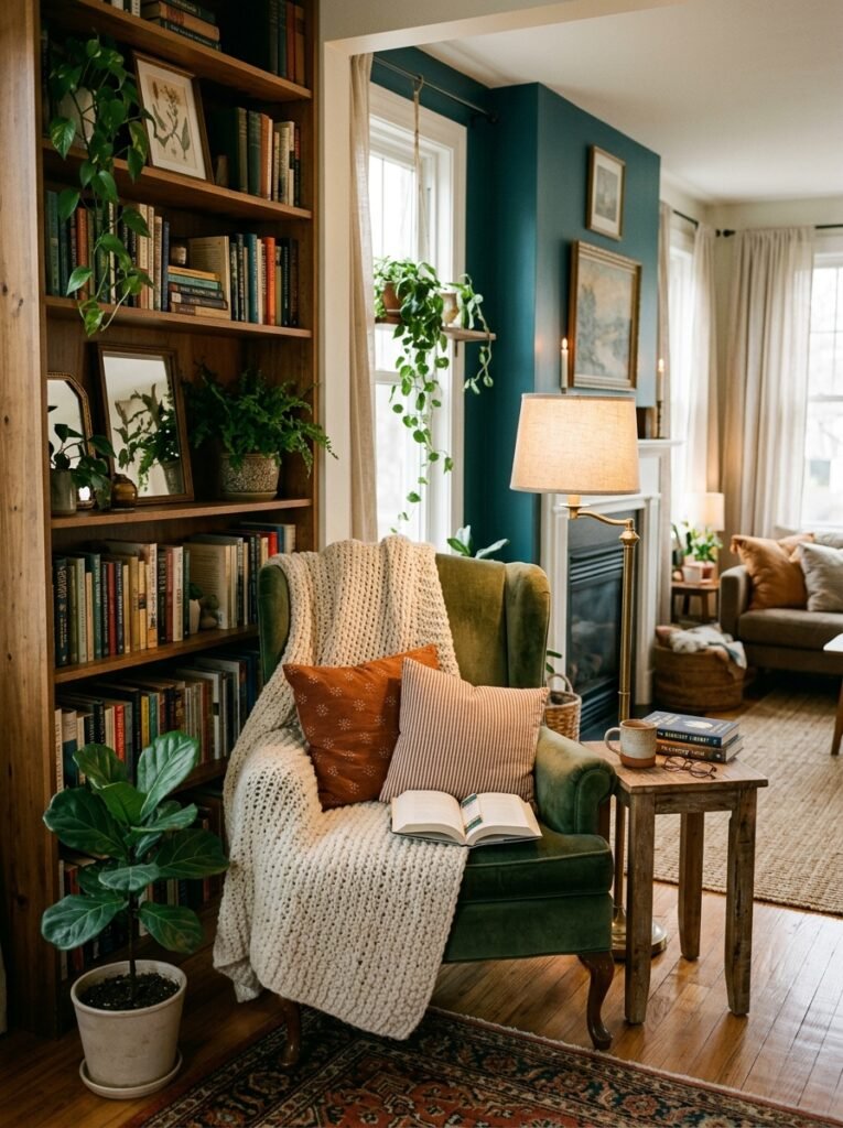cozy reading nook inside a living room 