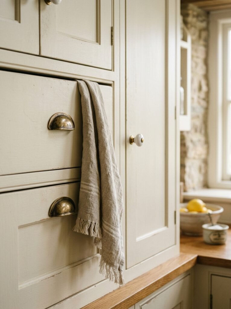 brass cup pulls and porcelain knobs on cream cabinets