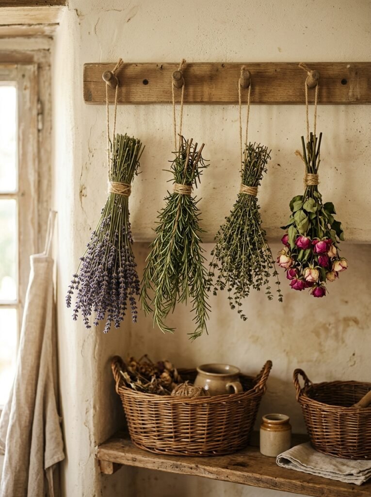 dried herbs and flowers hanging from a peg rail