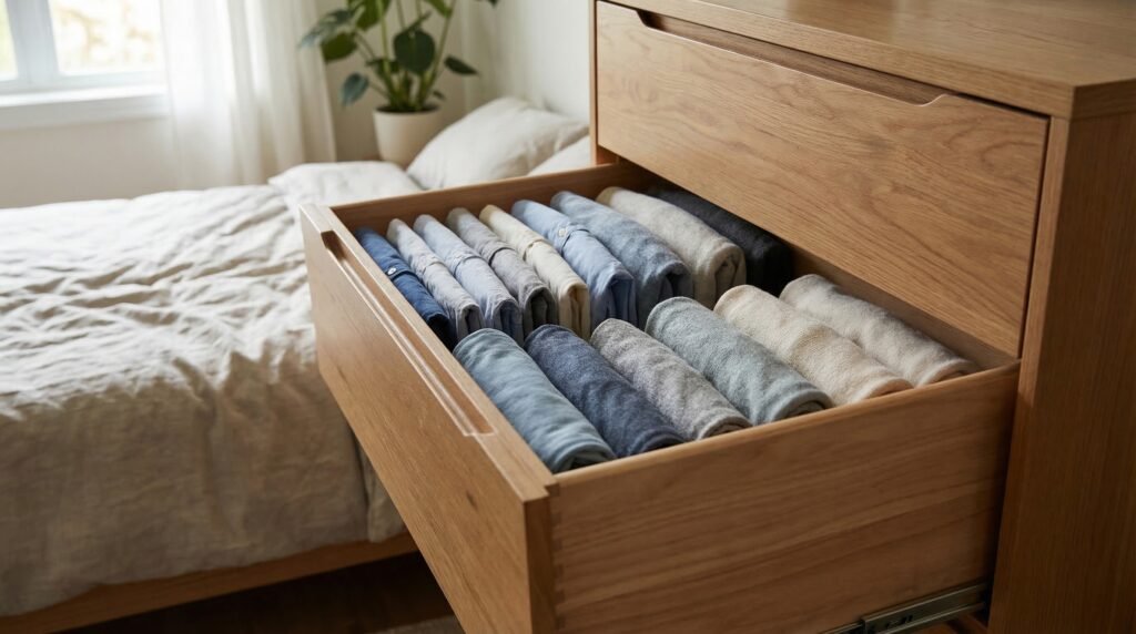 17 Amazing Bedroom Organization Ideas You Never Thought Of editorial style photography of clothes folded vert delpmaspu