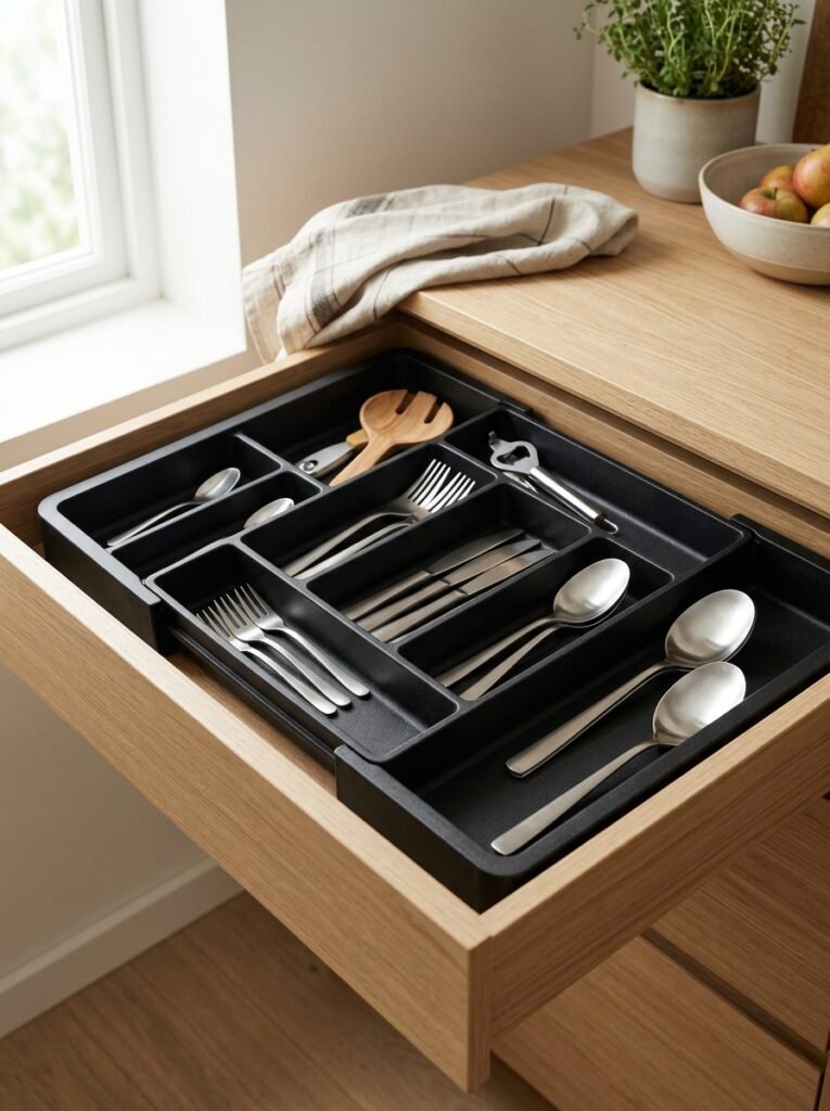 expandable silverware organizer in kitchen drawer