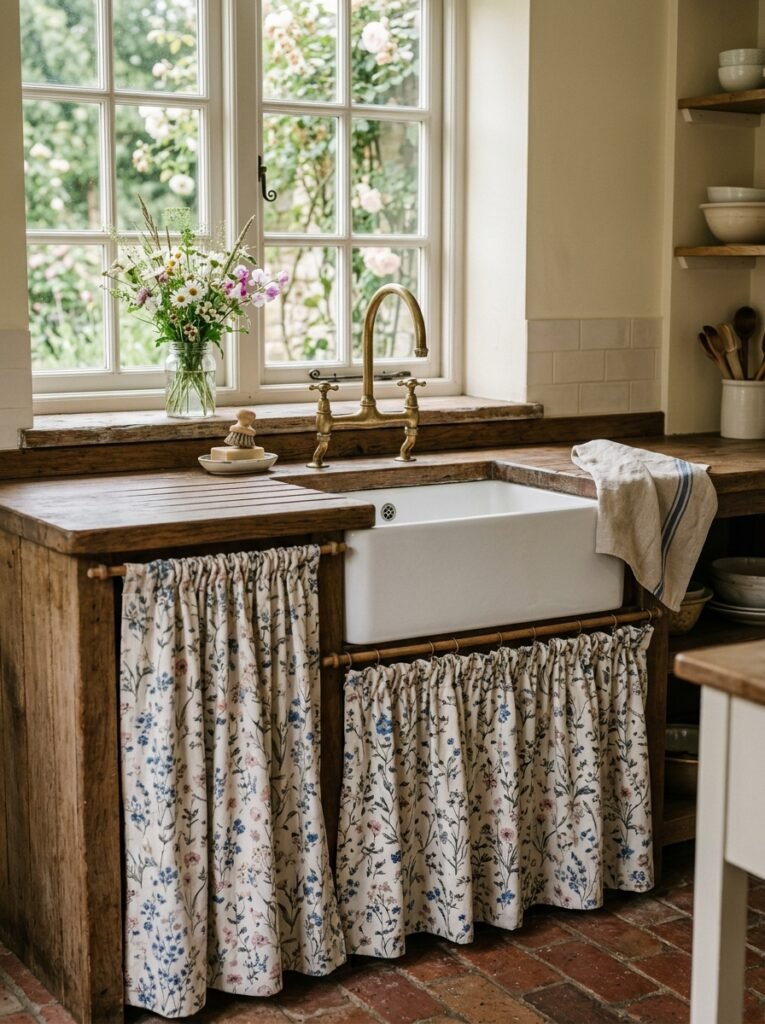 floral sink skirt under a farmhouse sink
